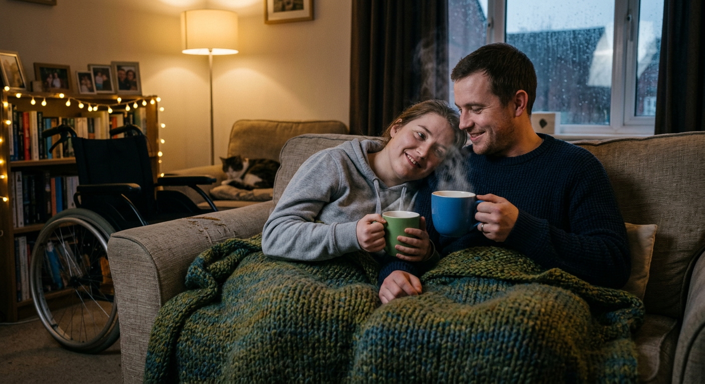 Disabled Lady on sofa with her Partner sharing a hot drink, She is resting her head on his shoulder as they share a Green knitted Blanket